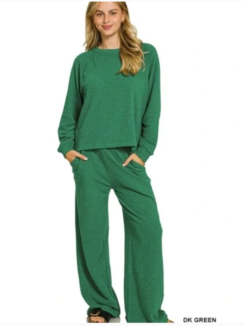 Zenana Slub Long Sleeve Top & Straight Wide Leg Pants Lounge Set – Dark Green